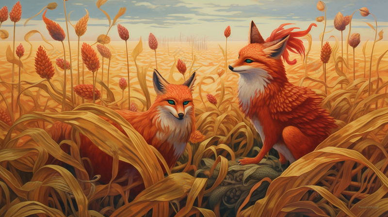 金色丰收麦田里麦穗成熟和两只狐狸背景,插画/手绘图,插画/手绘图库,插画/手绘图下载,插画/手绘
